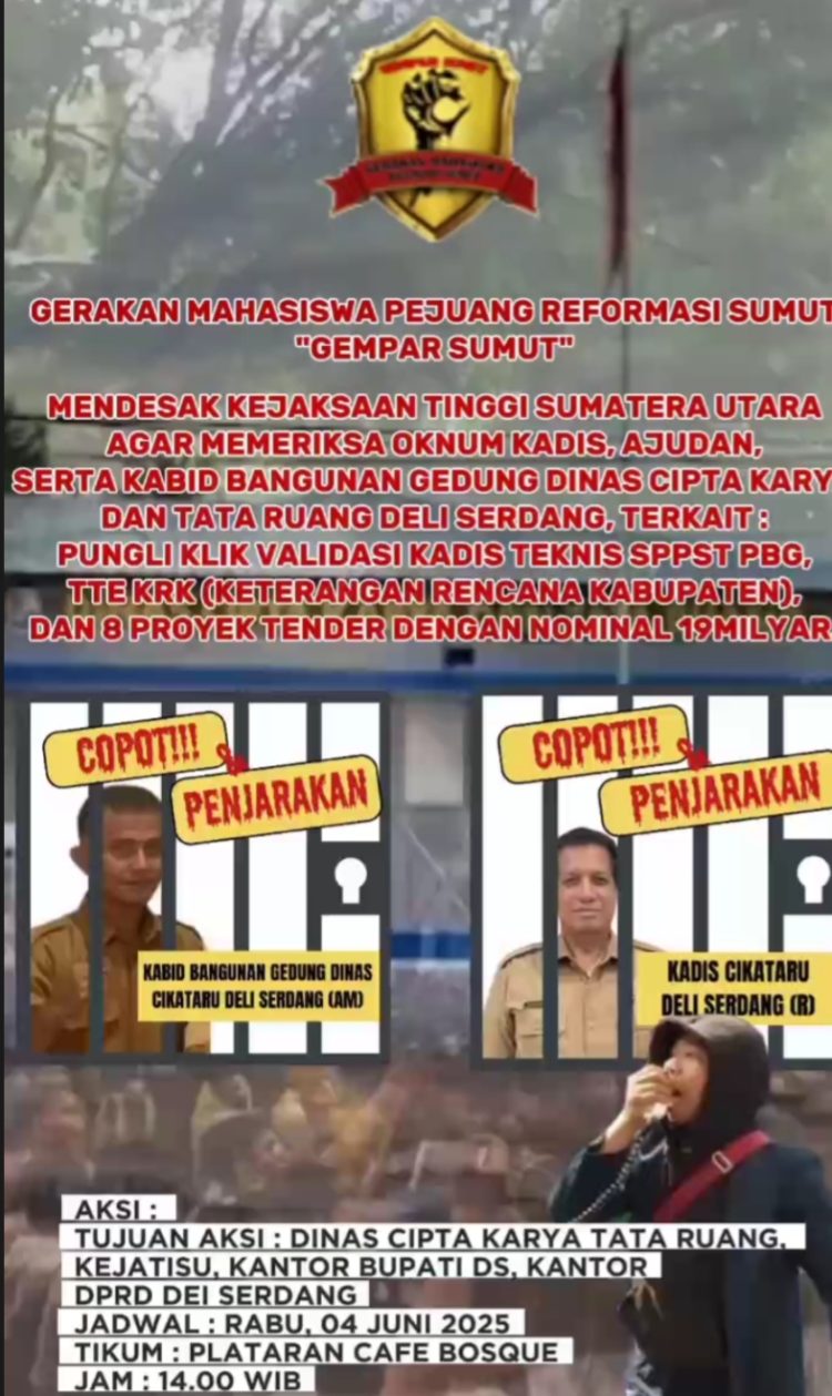 Ratusan Mahasiswa dan Gempar Sumut Aksi UNRAS Depan Kantor Kejari Tangkap dan Copot Jabatan Kadis Cipta Karya Deli Serdang Terindikasi Dugaan Korupsi Sebesar 3,8 Milyar