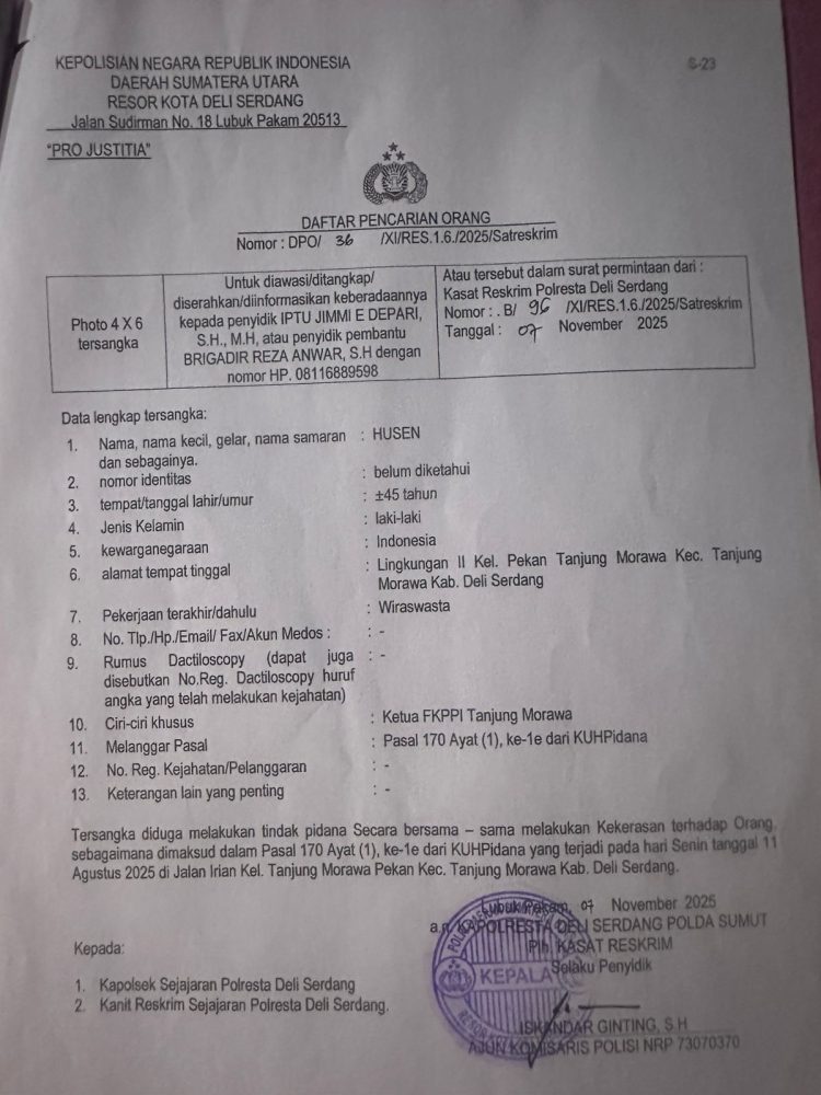 Okiyanty Nasution SH: Pinta Poldasu Segera Tangkap DPO Husen. (45), Warga Tanjung Morawa, Deli-Serdang